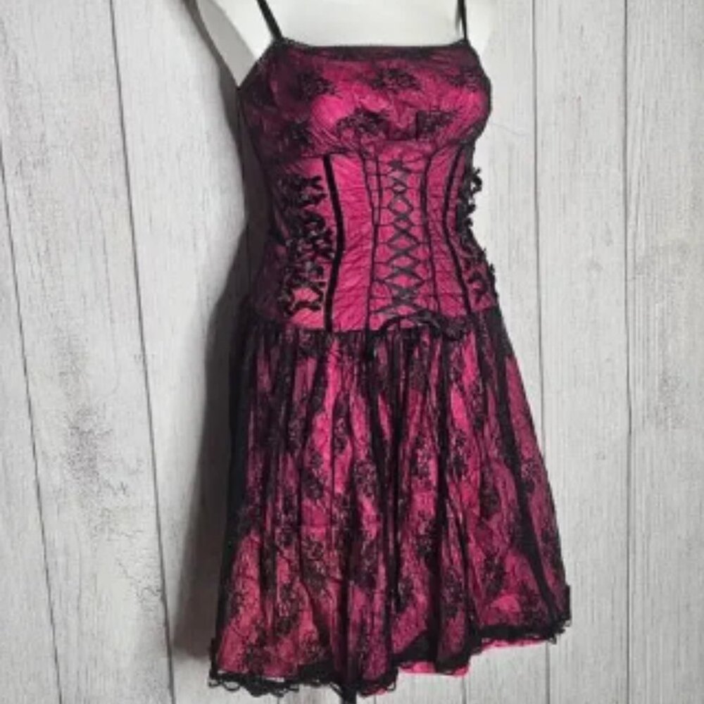 Vintage 90s y2k Pink with Black Lace Overlay & Corset Ties